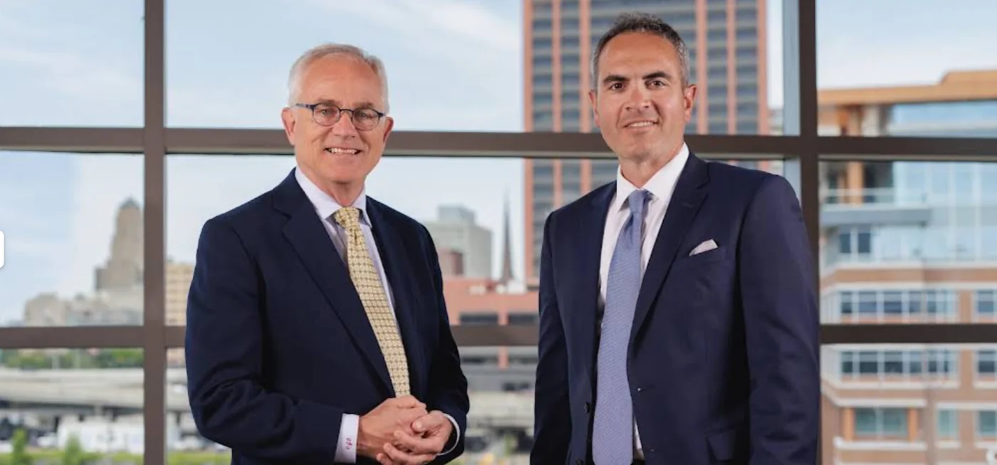 Personal injury lawyer near me: the O'Brien & Ford attorneys with the Buffalo skyline behind them
